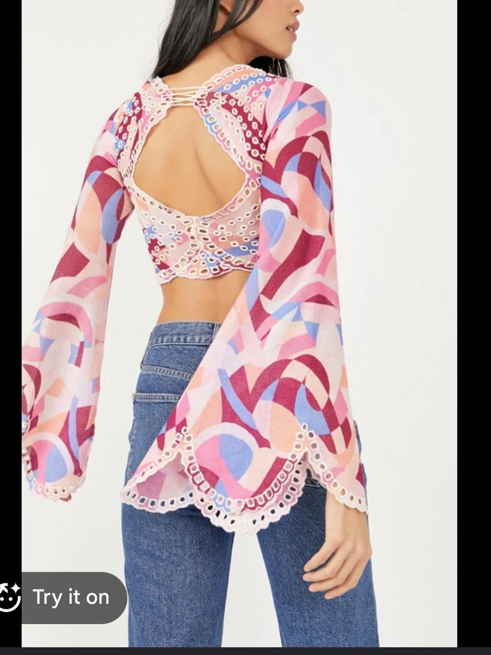 Free People Pink Multi Eyelet Lace-Up Cropped Top